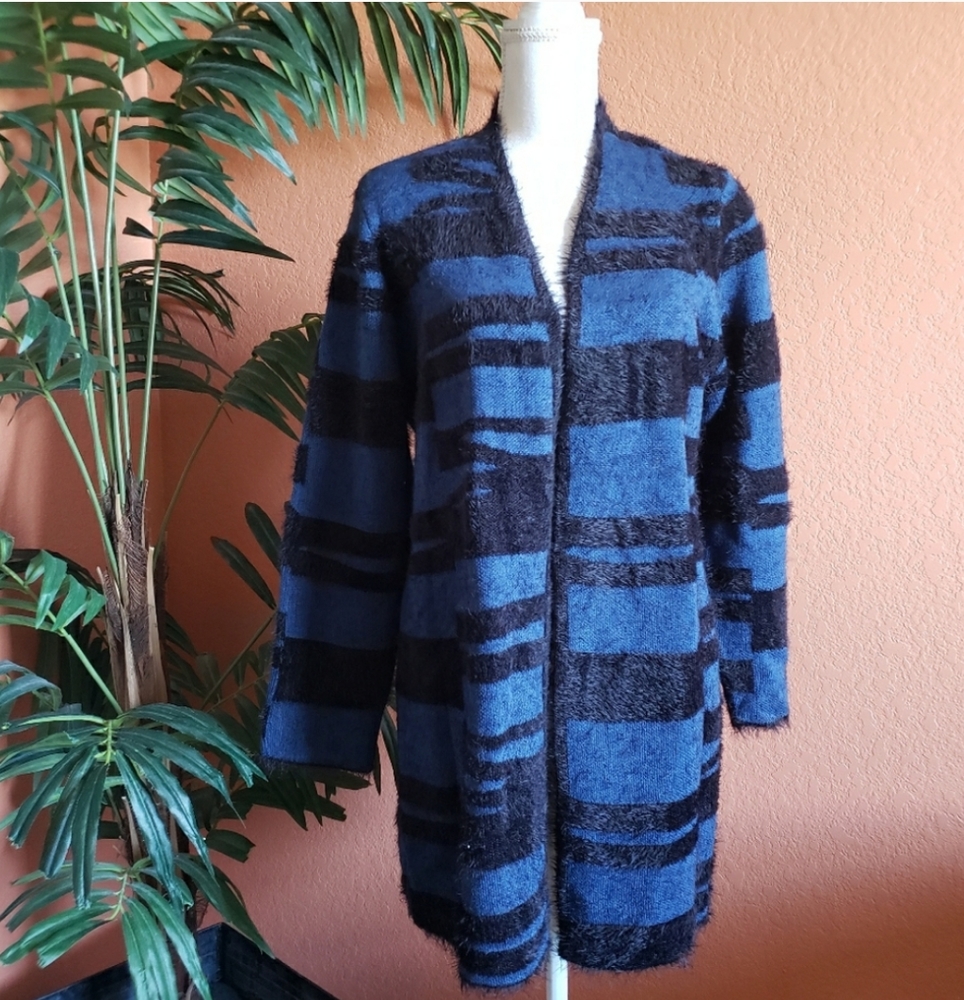 NWOT Alfani Open Front Long Cardigan Luxe Soft XL Blue Black Stripe Texture